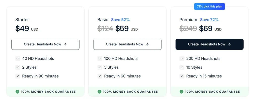 InstaHeadshots Pricing