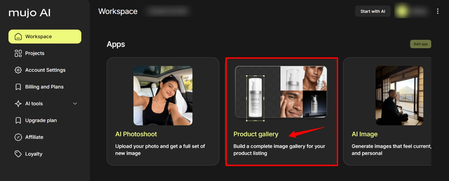 Mujo AI Dashboard- Start building AI product gallery