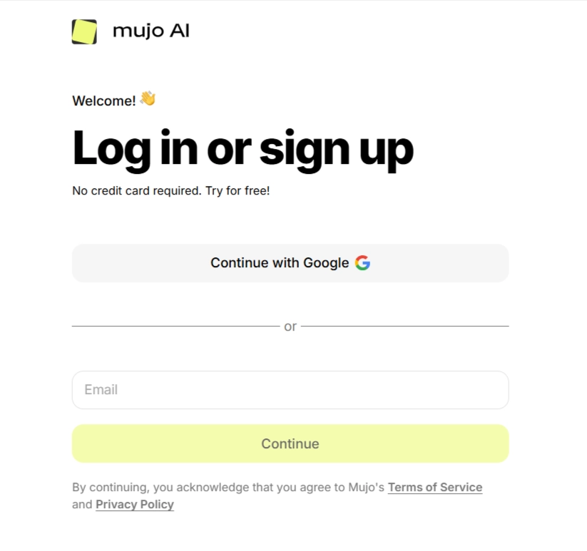 Mujo AI Sign up page