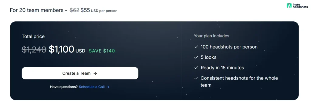 InstaHeadshot for Teams - Prcing Plan