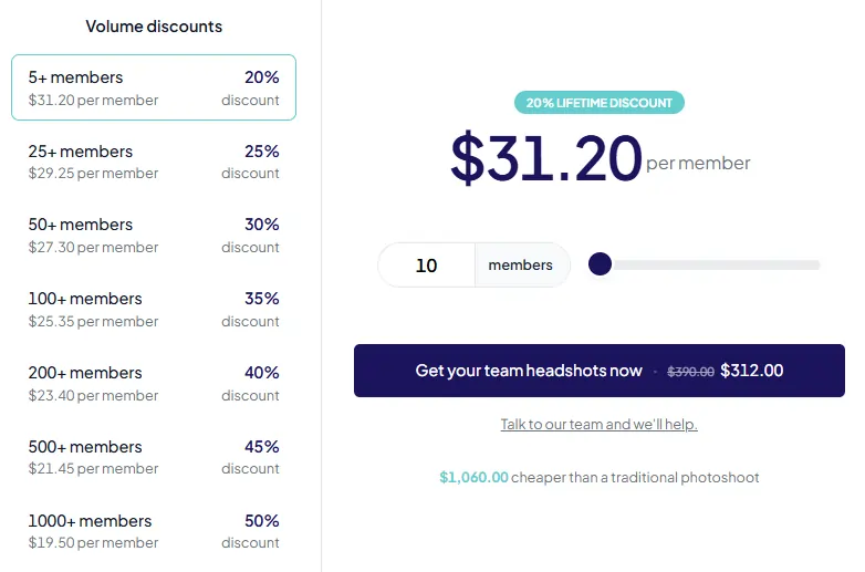 HeadshotPro Team Pricing Plan